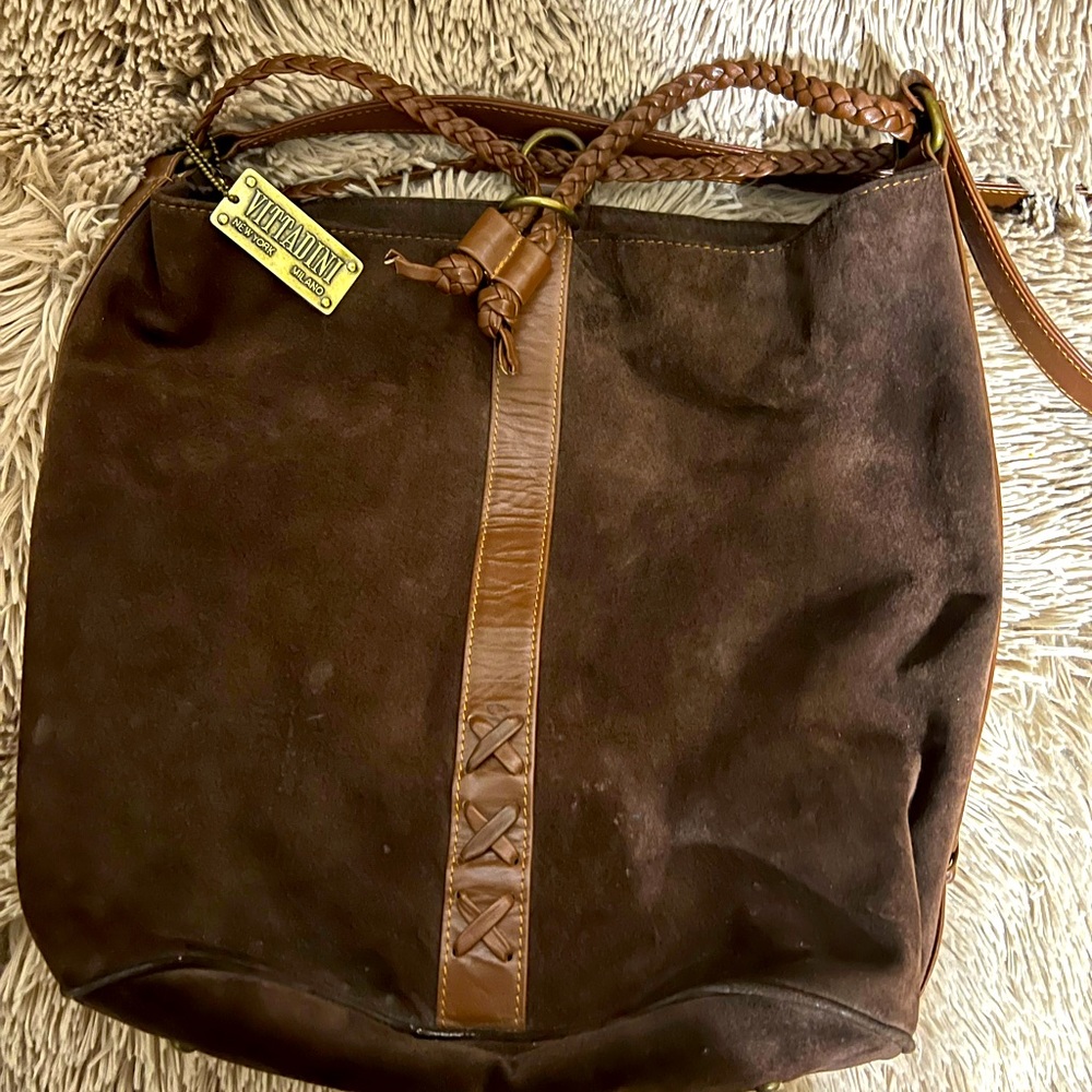 Adrianne Vittadini brown suede bucket bag